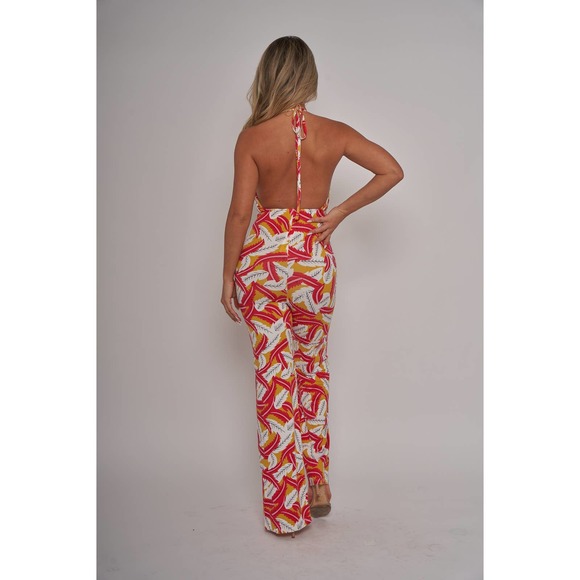 NWT Red Tropical Print Halter V Neck Jumpsuit - Picture 6 of 7